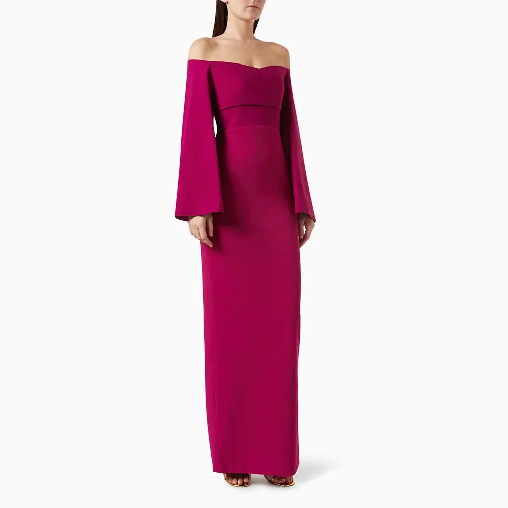 

Fuchsia Evening Dress Off the Shoulder Long Sleeves Column Women's Evening Gowns Maxi Back Split Simple Formal Party Dresses