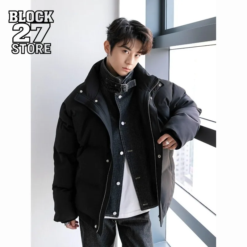 Harajuku الدنيم تقسم الوقوف طوق سترة منفوخة الرجال شتاء جديد سميكة قطعتين تصميم فضفاض عصري دافئ معطف الخبز عادية #1