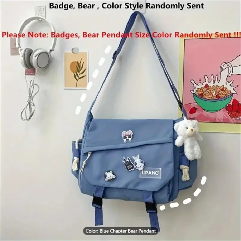 Kawaii Pins Decor Messenger Bag, Release Buckle Decor Flap Crossbody Bag, Large Capacity School Bag