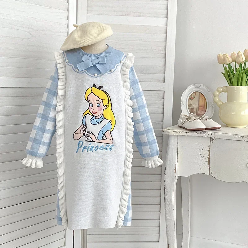 Boutique Kids Clothes Baby Girls Dress Cute Bow Alice Princess Pearl Lace Knitted Dress Blue Plaid Sweater Dress 100% Cotton