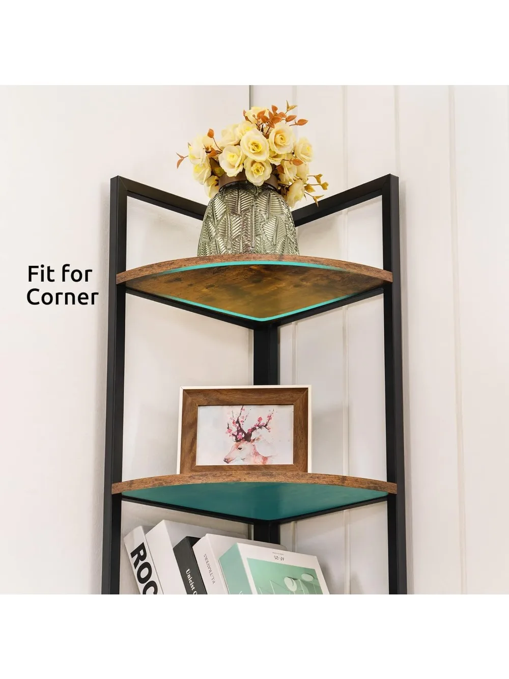 

5 Tier Corner Shelf, Industrial Corner Bookshelf with Metal Frame, Rustic Corner Storage Rack Shelves Display Plant Flower