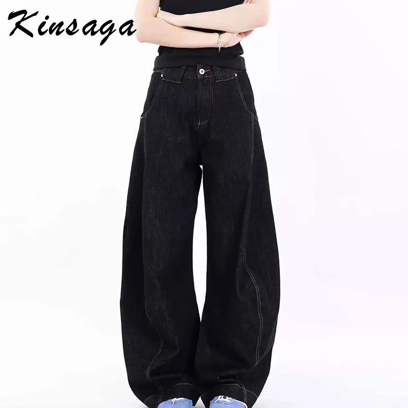 Frauen Amerikanische Trendy Marke Cleanfit Barrel Leg Jean Y2K Mädchen Streetwear Schwarz Breite Bein Twist Banana Jeans Baggy Hosen