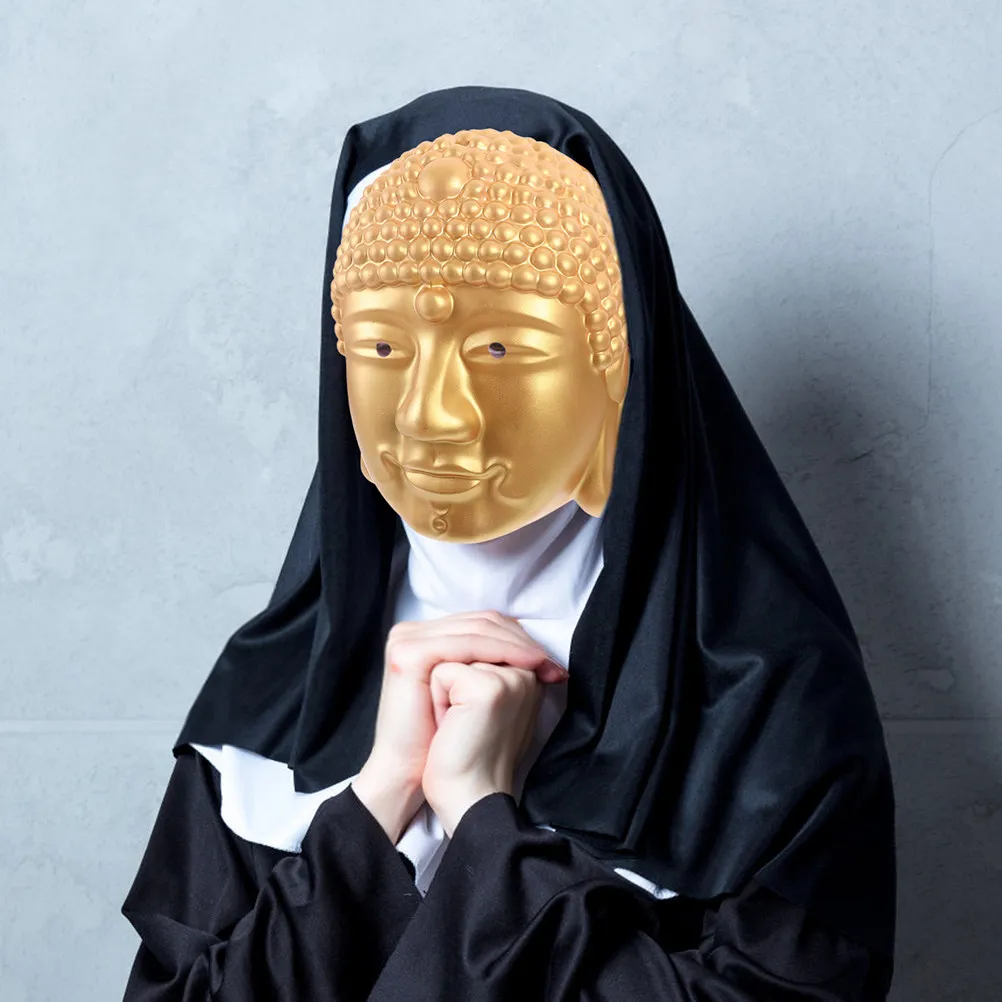 2Pcs Buddha Head Mask Lifelike Golden Buddhist Costume Halloween Cosplay Party Masquerade Mask Costume Buddha Fancy Dress