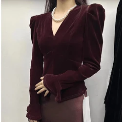 French High-end Solid Color V-neck Cinched Waist Slim Fit Split V-neck Long Sleeved T-shirt for Women's Autumn New Top