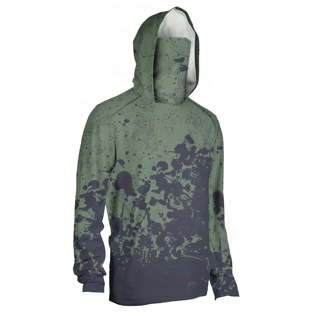 Men UPF50+ Ink Splash Camo Fishing Hoodie With Face Mask Quick Dry Long Sleeve Sun Protection Outdoor Sports Shirts