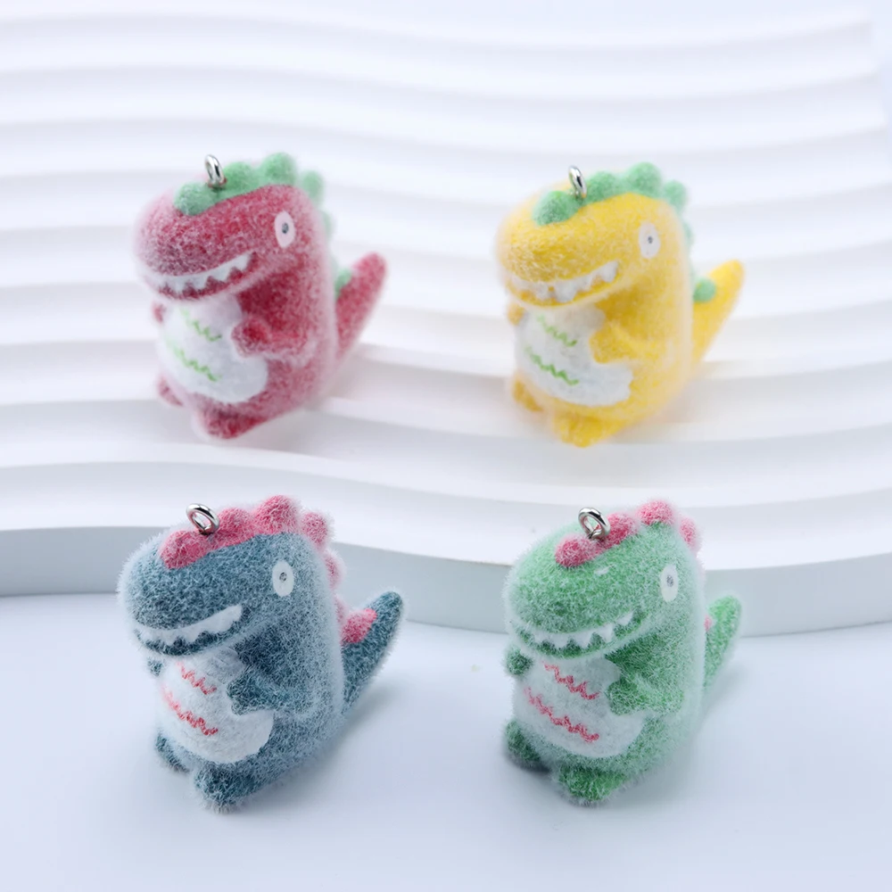 10Pcs 3D Cute Cartoon Flocking Dinosaur Resin Charms Plush Animal Pendant For Phone Bag Keychain Earring DIY Crafts Jewelry Make