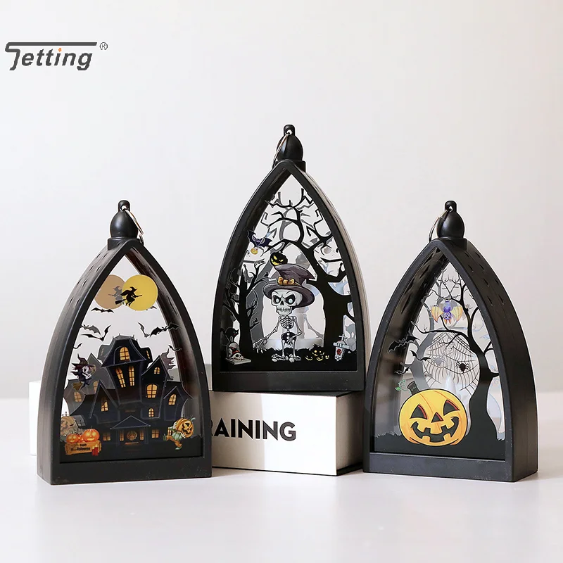 Halloween Laternenlichter - Dekoration Vintage LED Kürbislichter |   Tischlaterne mit Skelett-Kürbis-Schloss |   Lampenornament