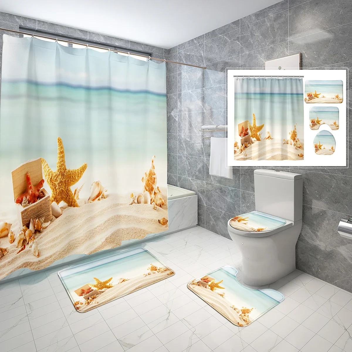 

4 Pcs Shower Curtain Set Seaside Beach Shell Starfish Shower Curtain Bathroom Non-Slip Bath Mat Toilet Cover Shower Curtain Set