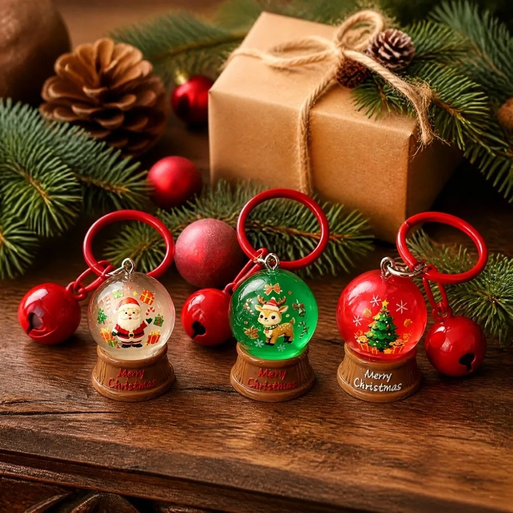 Resin Ball Christmas Crystal Ball Keychain with Red Bell Miniature Scene Santa Claus Keychain Cartoon Fade Resistant