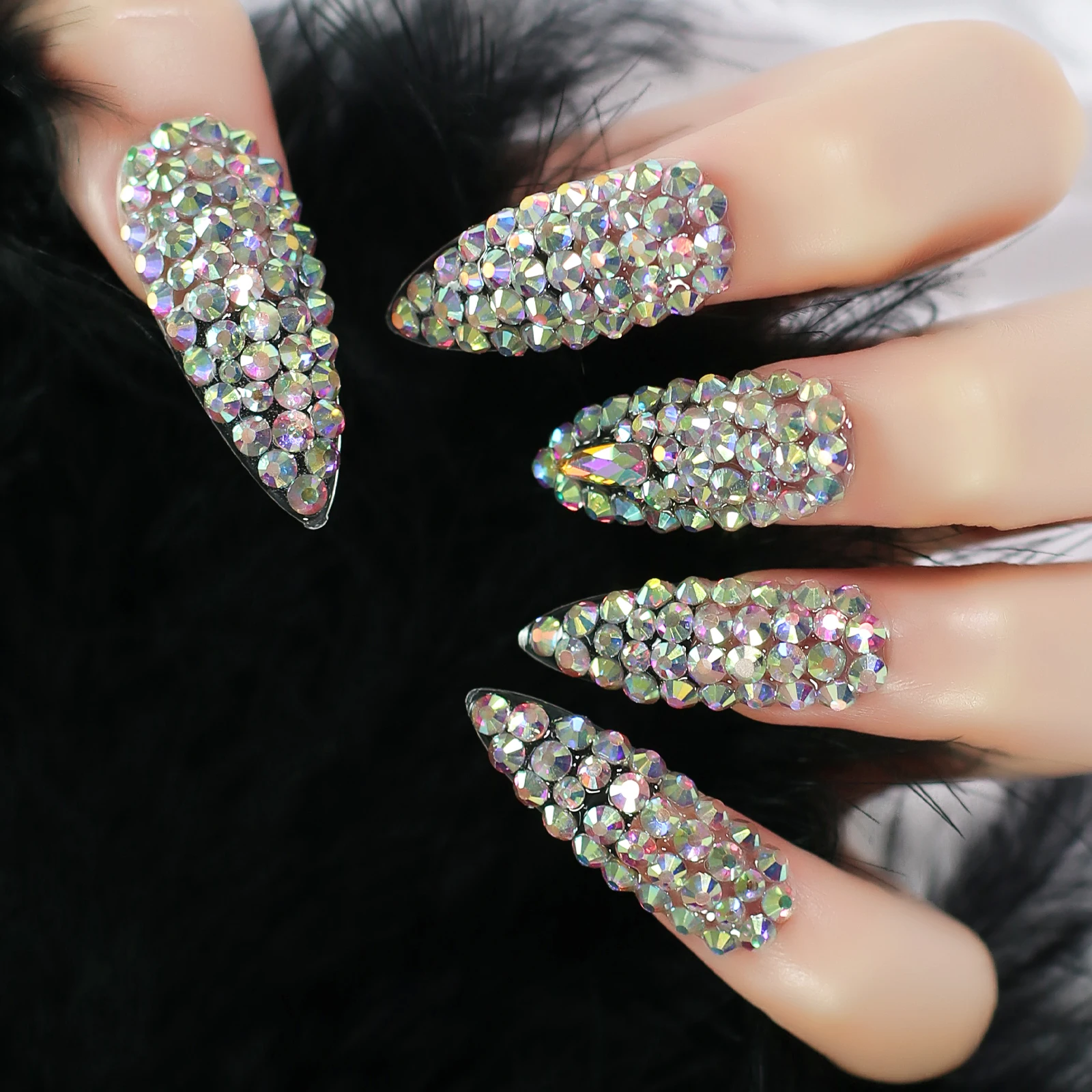 Stiletto Nails Medium Size Rhinestone Full Cover Fingernails Fake Diamond Art Fake Nails Wedding Model Office Pro Free shipping