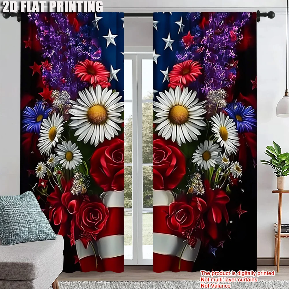 

2Pcs American Independence Day Flag Daisy Flower Printed Window Curtain For Bedroom Office Kitchen Living Room And Study Heat