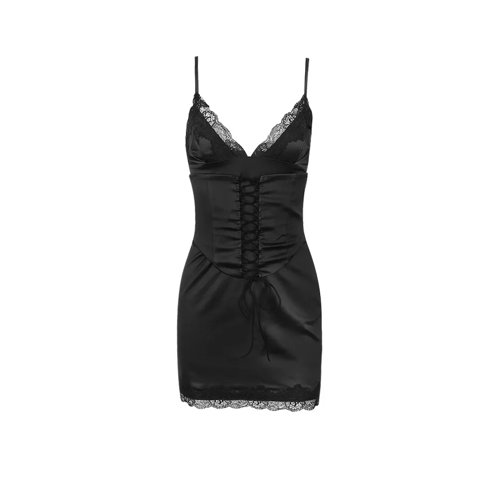 Vestido Sexy de satén con encaje para mujer, falda con tirantes empalmados, vestido ajustado con temperamento dividido, bata para mujer Demoiselle D Honneur Femme Courte