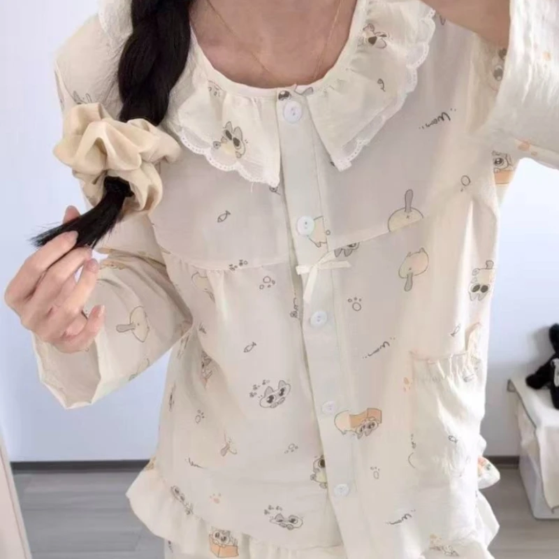Azuki Schlafanzug, niedlich und mit Cartoon-Modedruck, bequem, feuchtigkeitsableitend, langärmelig, lange Hose, kann auch außerhalb der Hauskleidung getragen werden. – Detail 5