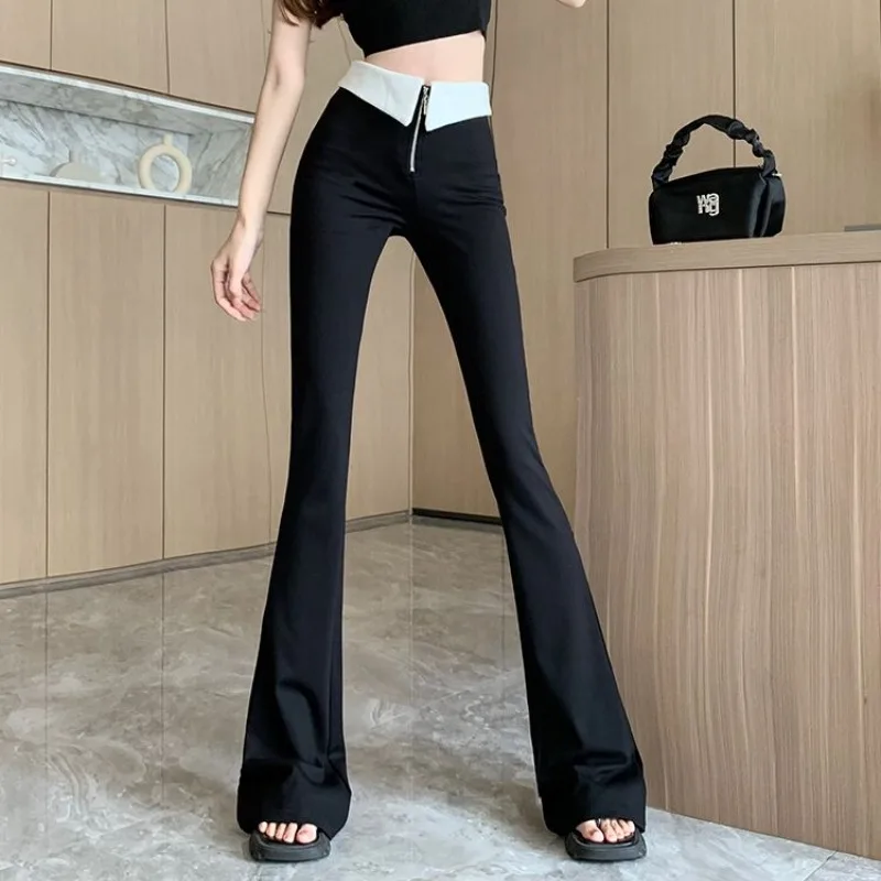 

Fashionable Commute Summer New Women's Spliced Zipper Solid Color Straight Slim All-match Elasticized High Waisted Flare Pants