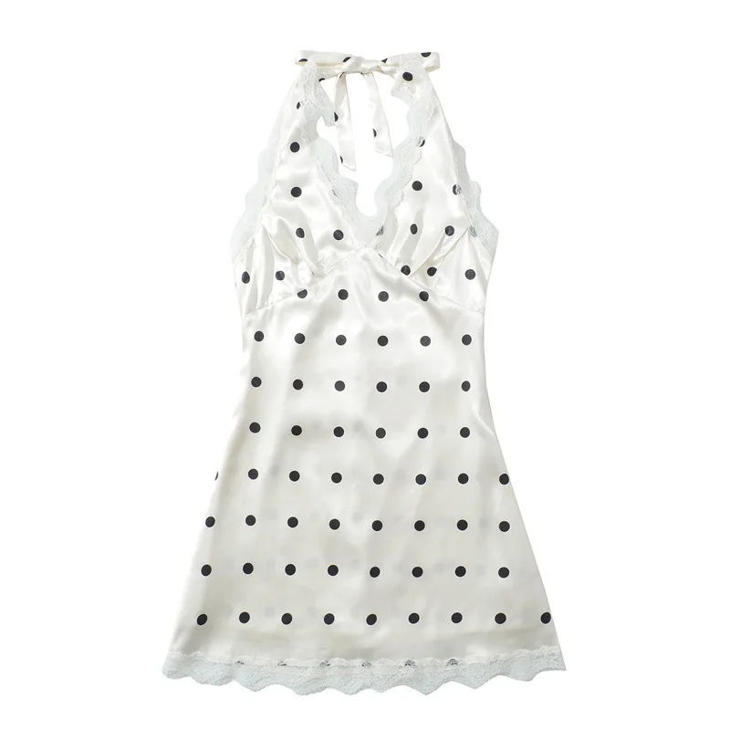 Tornova Polka Dot Lace Halter Dress For Women Elegant High Waist Sleeveless Mini Dress Lace Up Sexy Backless Satin Dress Female