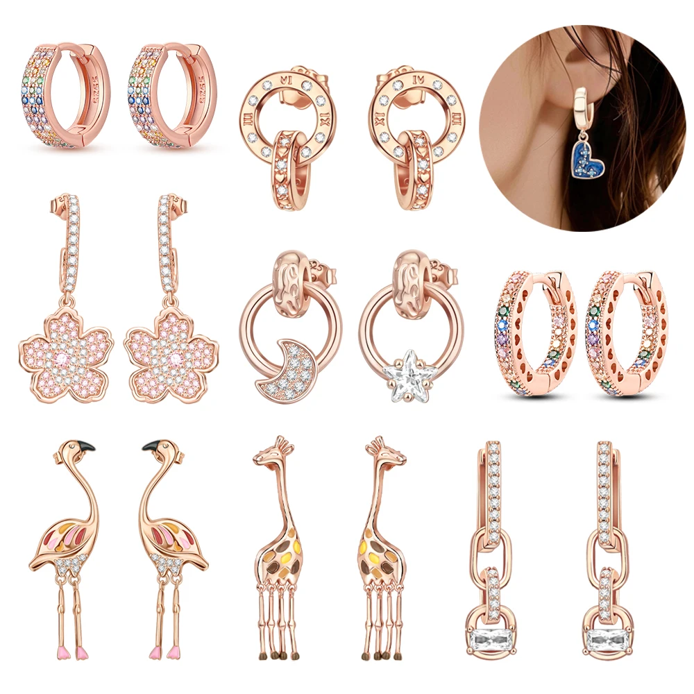 

Rose Gold Series 925 Sterling Silver Sparkling Giraffe Ostrich Star Moon Flower Earrings Romantic Gift Pairing
