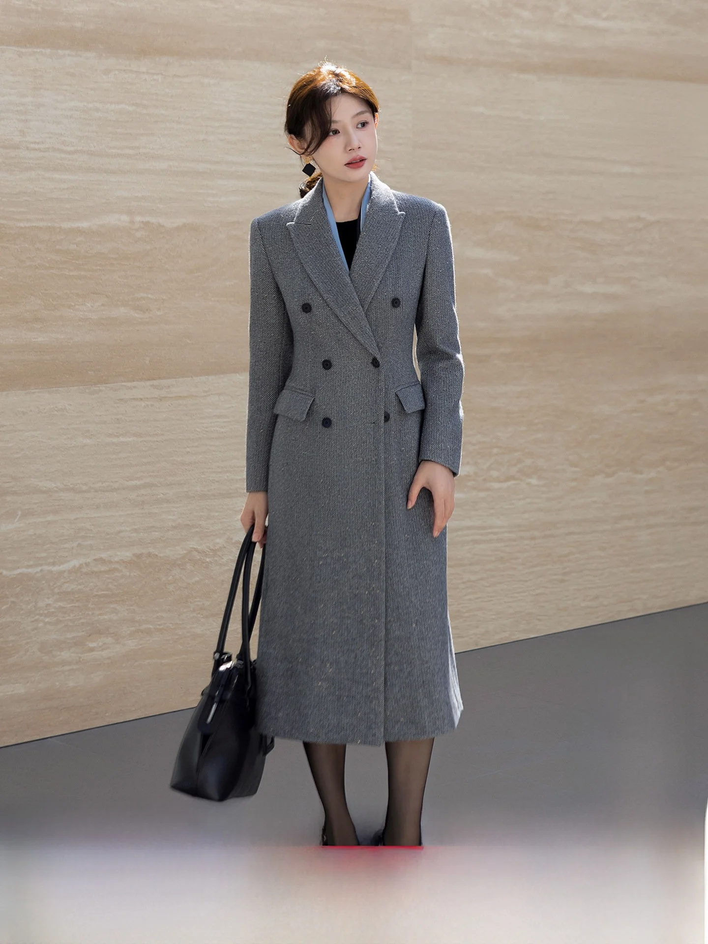 

ay Woolen Suit Coat Women's Mid-Length Waist-Cinching Wool Outerwear Ele Busin Commute Sle Long Sve Double-Brea...