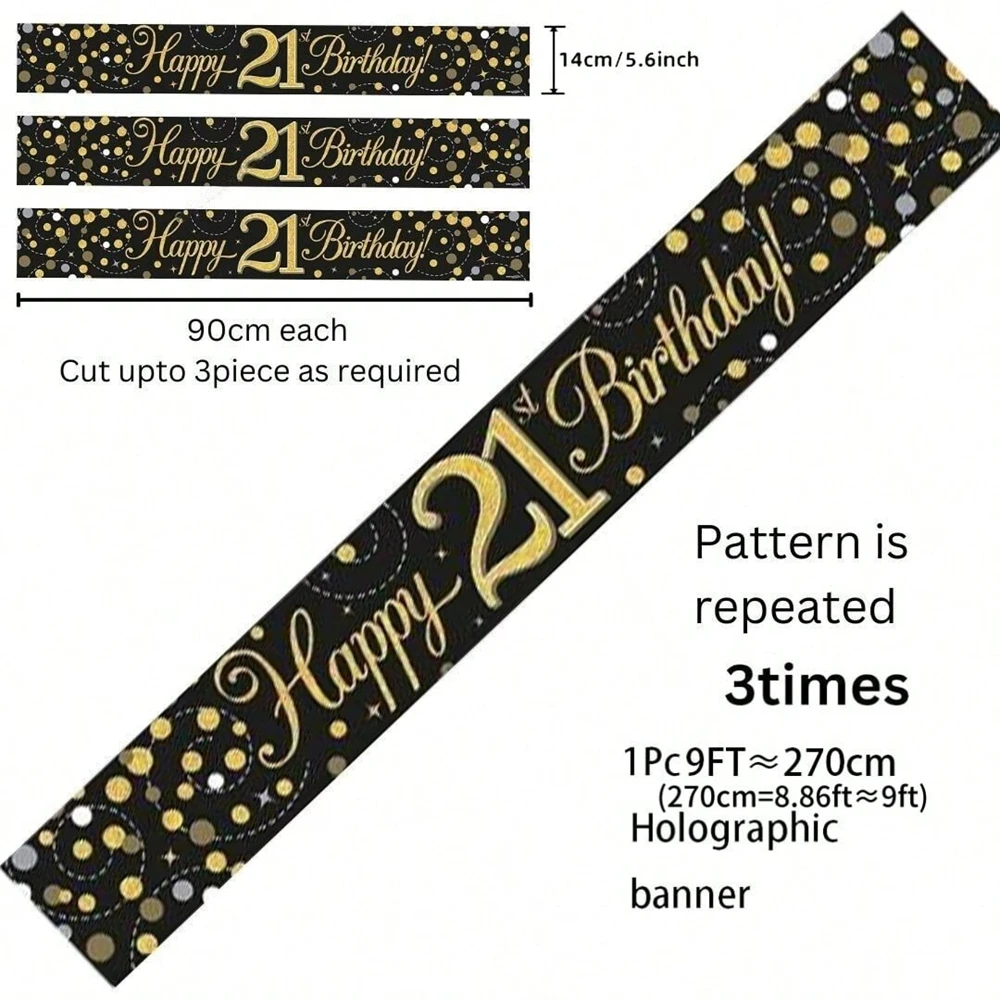 Schwarz-Gold Happy Birthday Banner, 9 Fuß Zuschneidbar mit Glitzerpunkten-Design für 18., 21., 30., 40., 50., 60. Party-Dekoration – Detail 2