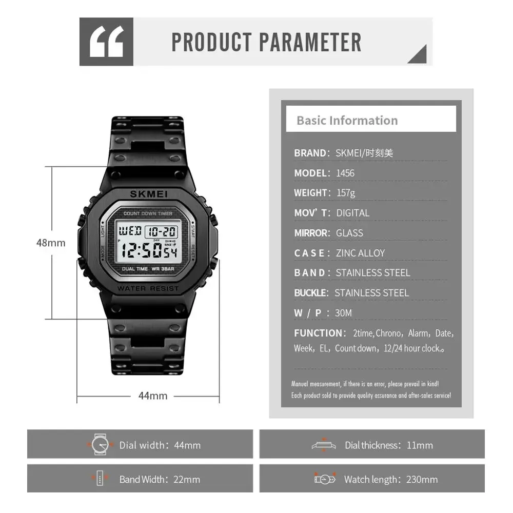 Skmei 1456 3Bar Waterpoof Alarm Clock Alloy Case Digital Men Watches Reloj Hombre Fashion Sport Watch Men Digital Watches