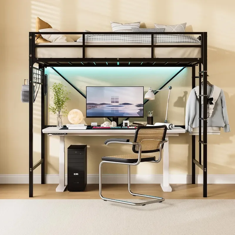 Loft Bed Twin Size with Built-in Power Outlet LED Lights Clothing Hanger Storage Pouch Heavy Duty Metal Safety Guard Rail for