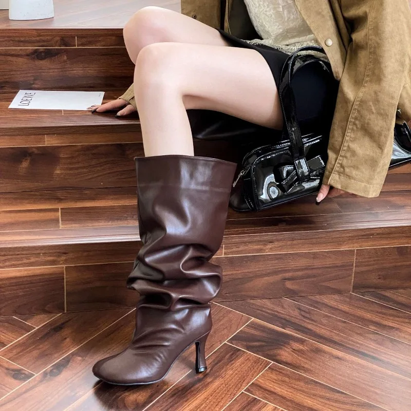 Retro Women Knee High Boot Fashion Stack Slouch Boots Elegant Square Head High Heeled Boots for Woman Designer Shoes Botas Mujer