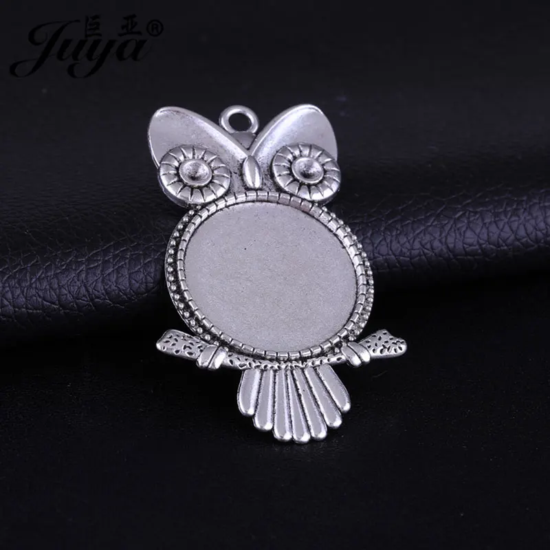 10 sztuk/partia sowa wisiorek ustawienia 20/25mm podstawy Cabochon Vintage Bezel taca dla majsterkowiczów akcesoria do wyrobu biżuterii akcesoria