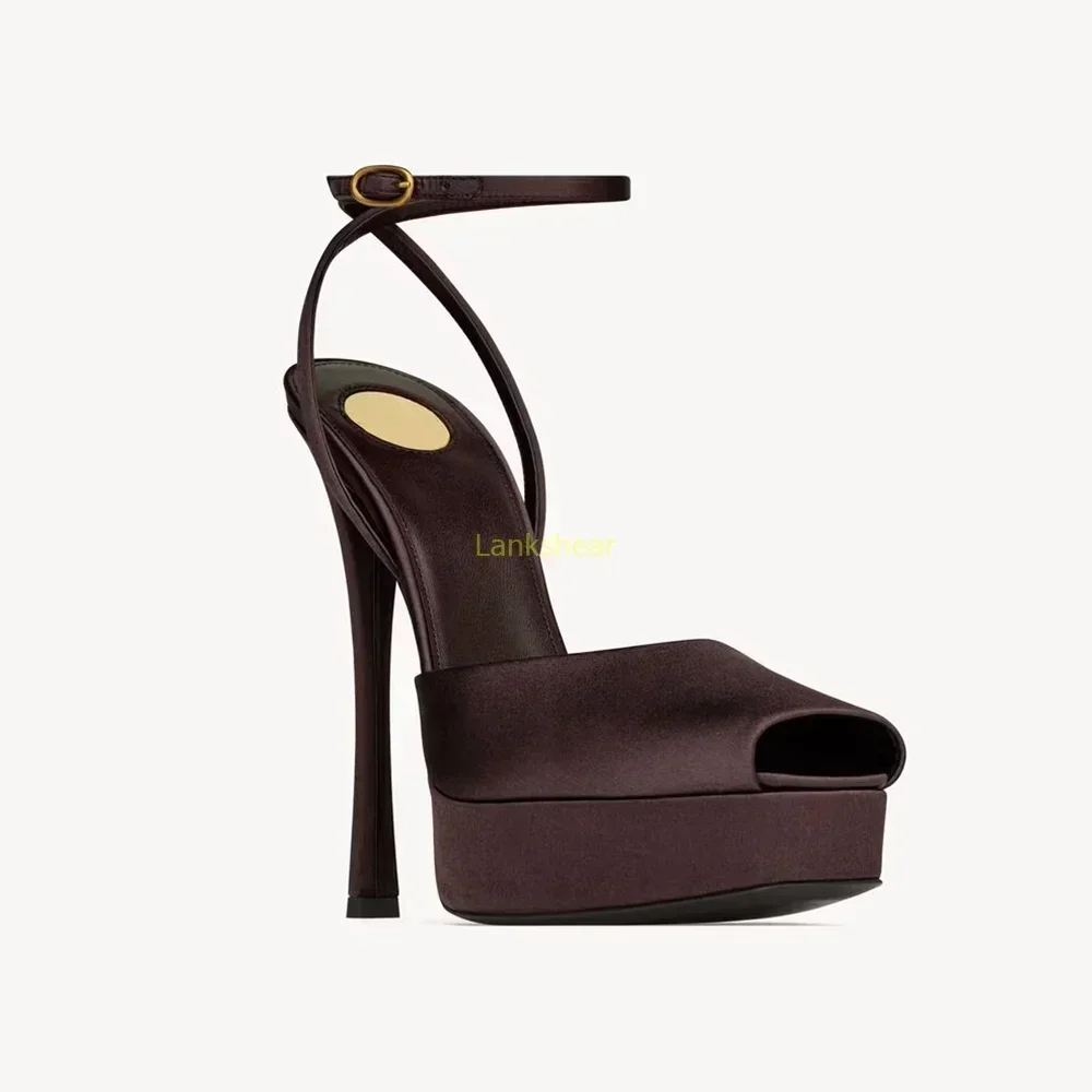 

Platform Peep Toe Satin Slingback Pumps Sexy Square Toe Thin Heel Ankle Strap New Arrivals Fashion Women Modern Shoes