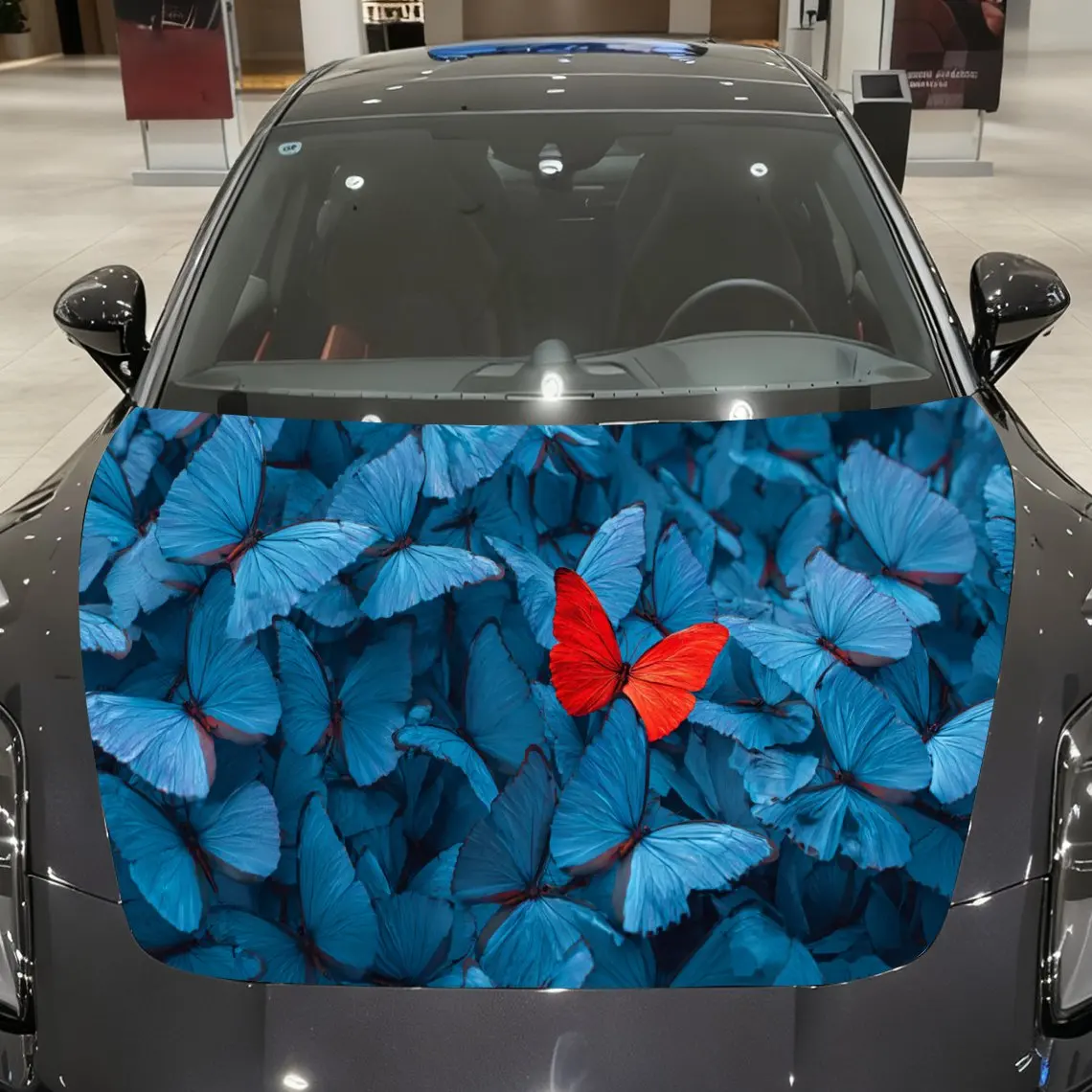

Red Butterfly in Blue Butterfly Sea Car Vinyl Wrap, PVC Material Waterproof Car Hood Sticker, Self-Adhesive Scratch-Resistant St