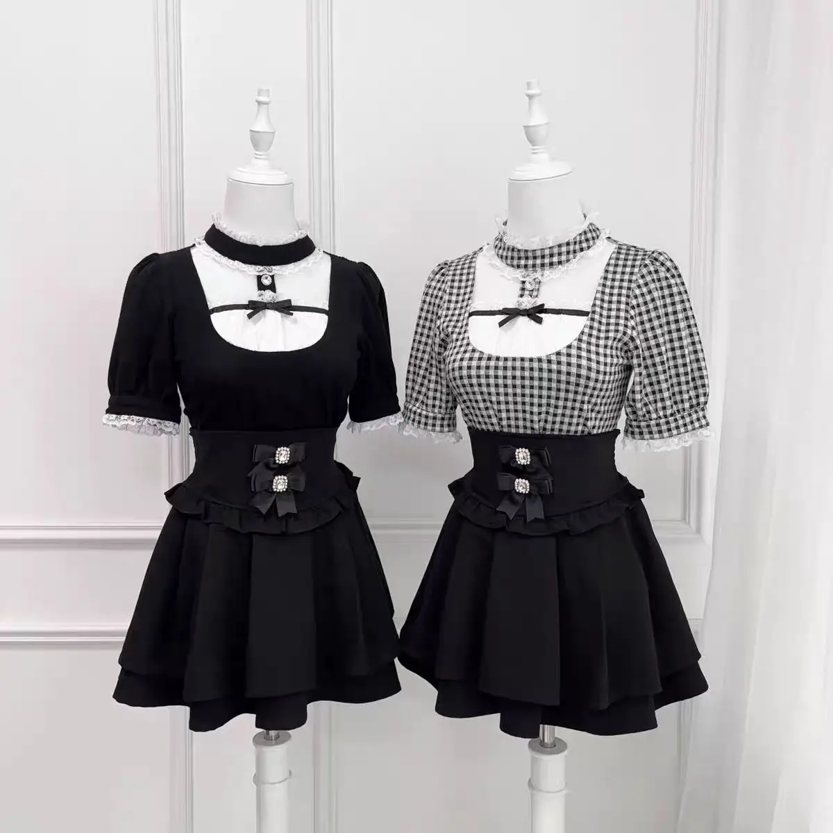 Japanese Gothic Lolita Style Shirts Women Vintage Sweet Y2k Lace Ruffles Short Sleeve Plaid Blouse Girls Casual Tops