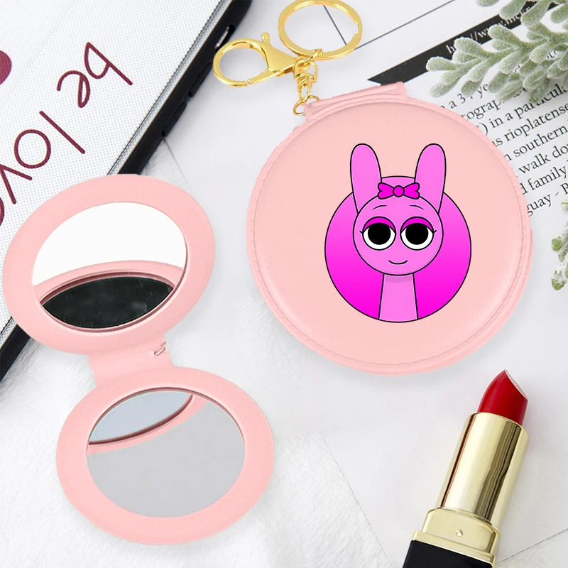 

Sprunki Kawaii Portable Woman Makeup Mirror Girl Cartoon Anime Print Cute Round Mini Make Up Mirror Looking Glass with Keychain