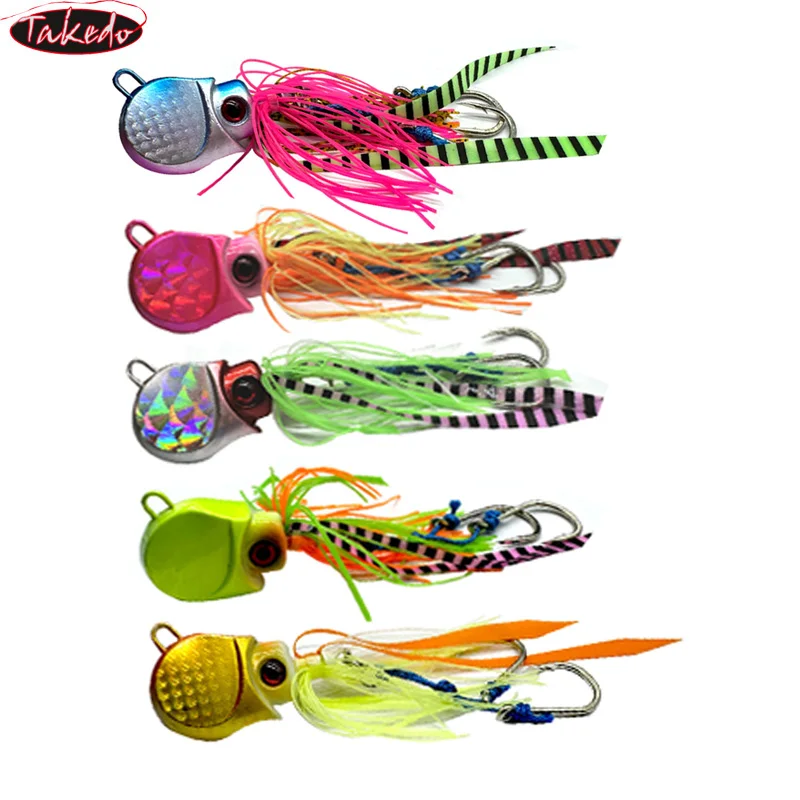 TAKEDO 80G 100G 120G Octopus Fishing Lure Metal Jig Head Trolling Lures Tuna Jigbait Rubber Skirt Bait With bk*Assist Hook