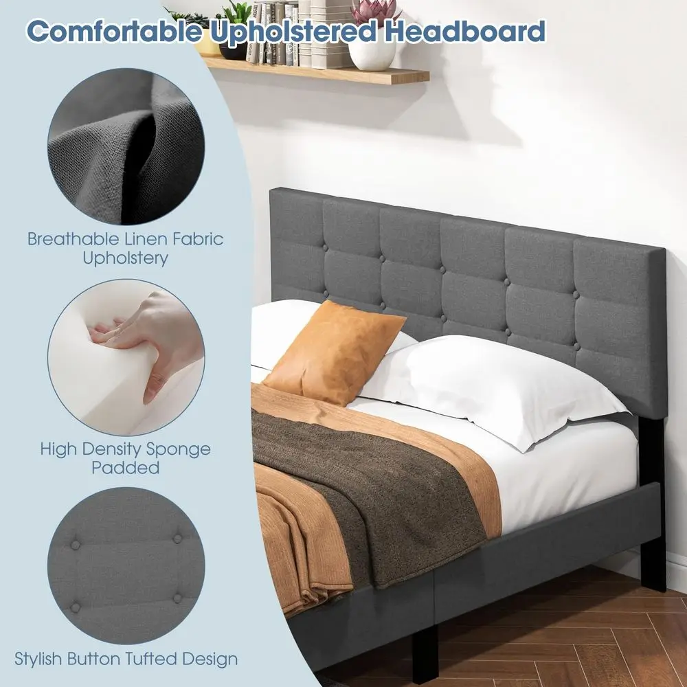 Queen Size Upholstered Platform Bed Frame with Button Tufted Linen Fabric Headboard, Solid Wooden Slats Support Mattress Foundat