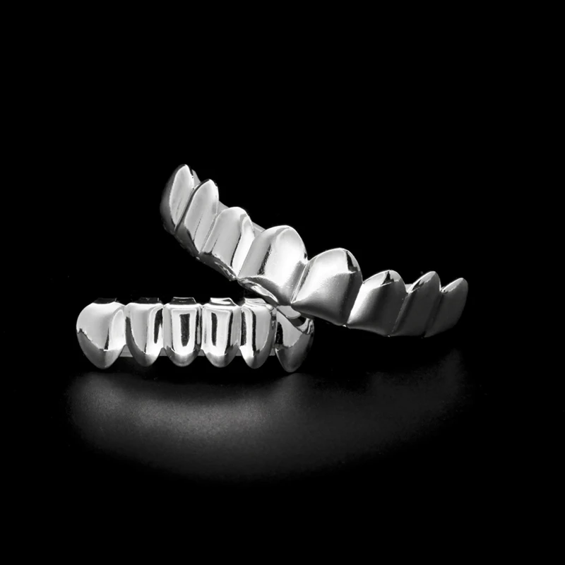 2X New Hip Hop Teeth Set Top Bottom Mouth Teeth Grills Fashion Removable  Grills Jewelry(Silver+White)