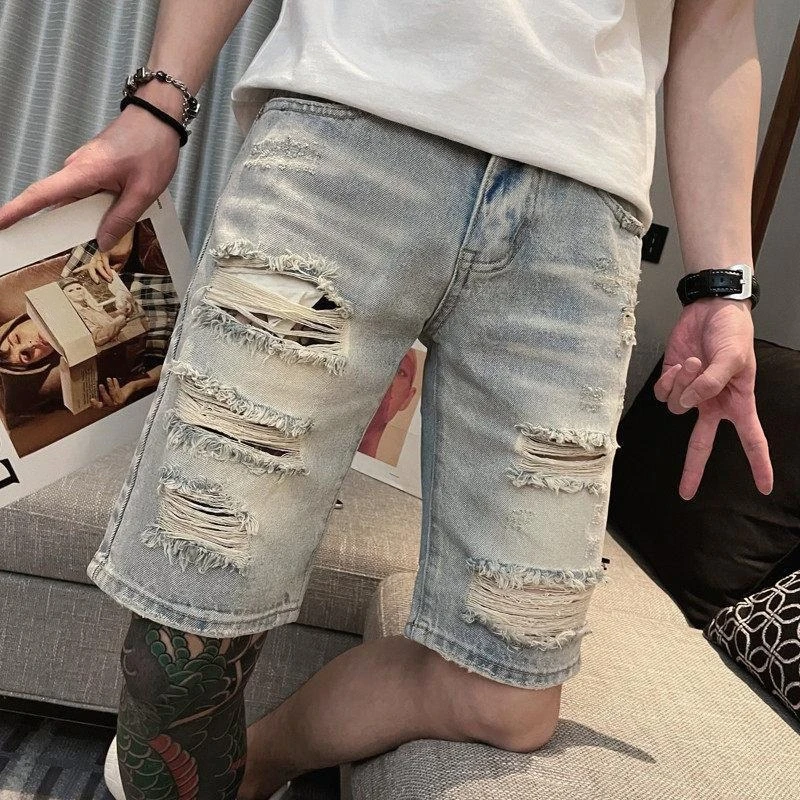 

Men's Ripped Denim Shorts Summer Thin Casual Hole Jeans Hip Hop Streetwear 5 Panel Pants