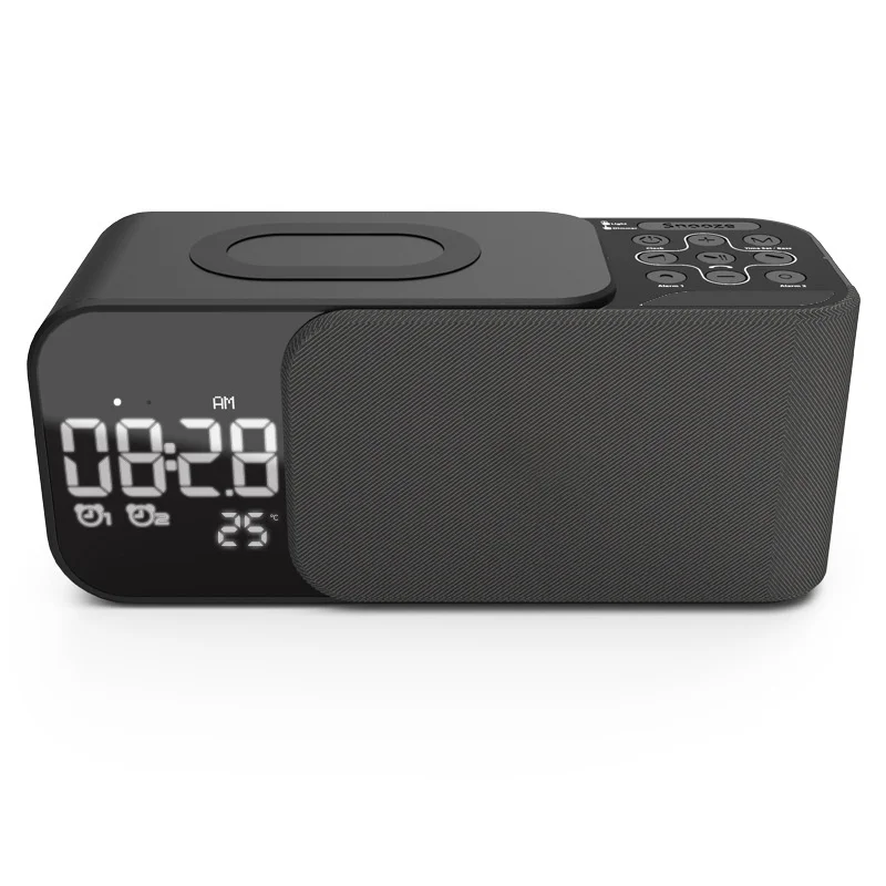 Dual Alarm Clock Home Speaker with Night Light Wireless Charging for Bluetooth Subwoofer & Radio Card Slot 10W Output Power
