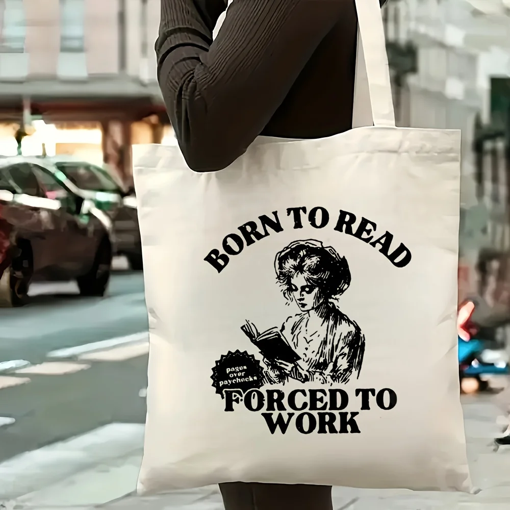 

1pc Vintage "Born to Read" Canvas Tote Bag- Stylish& Durable Shoulder Handbag for Women, Reusable Grocery Shopping Bag, 39.88cm