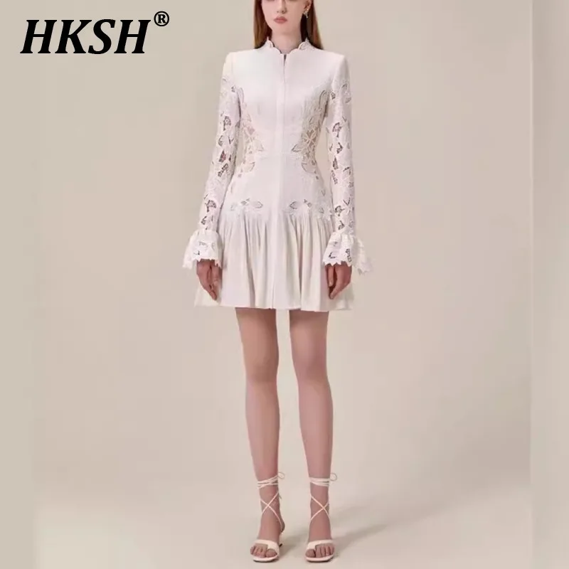 

HKSH Spring Summer New Women Tide Elegant French Style Niche Design Hollow Out Dress Long Sleeve Lace Pleated Short Skirt HK4130