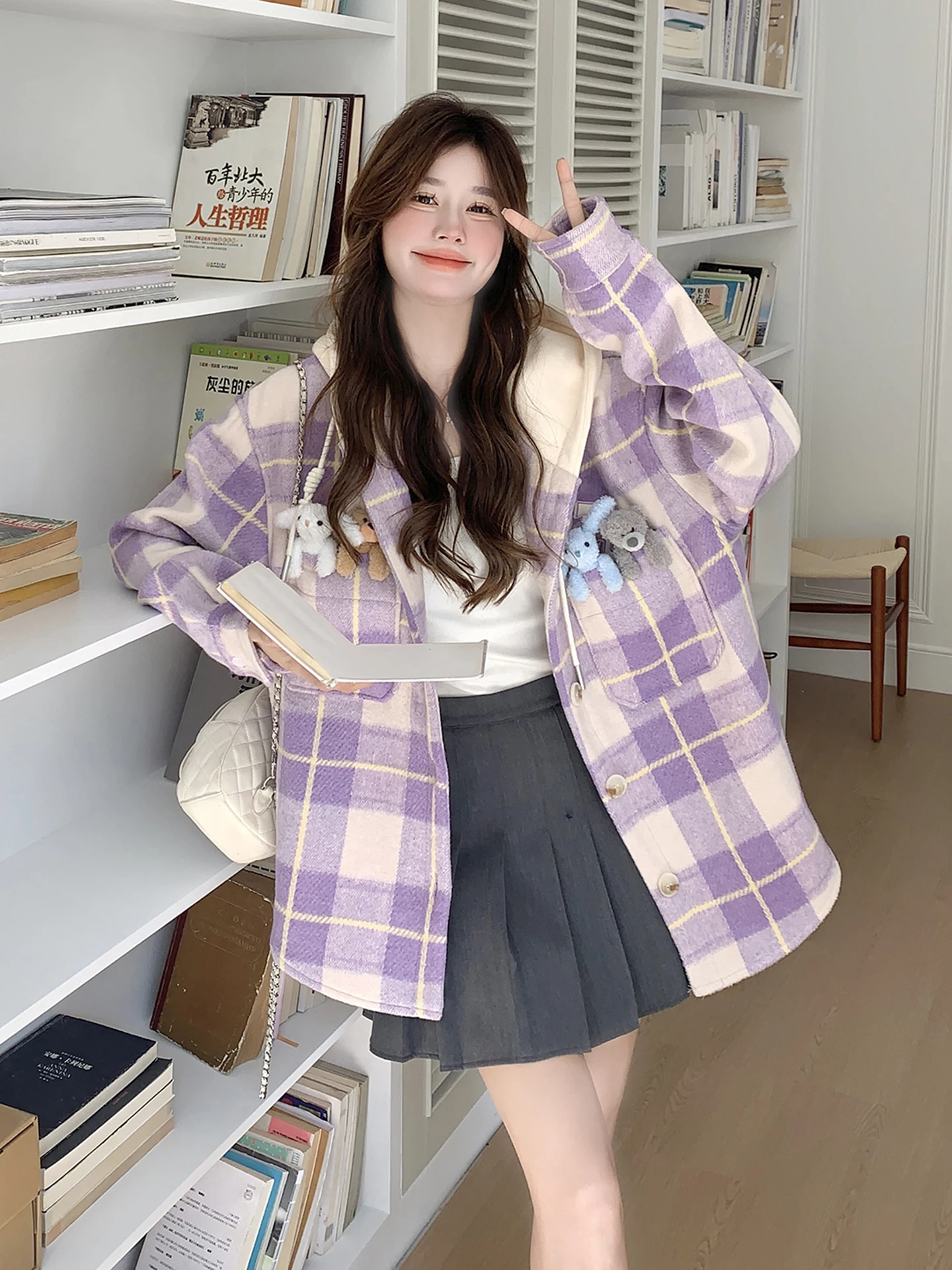 Purple Plaid Hooded Wool Coat for Women Winter 2025 New Korean Style Loose Woolen Overcoat Trench Coat for Women