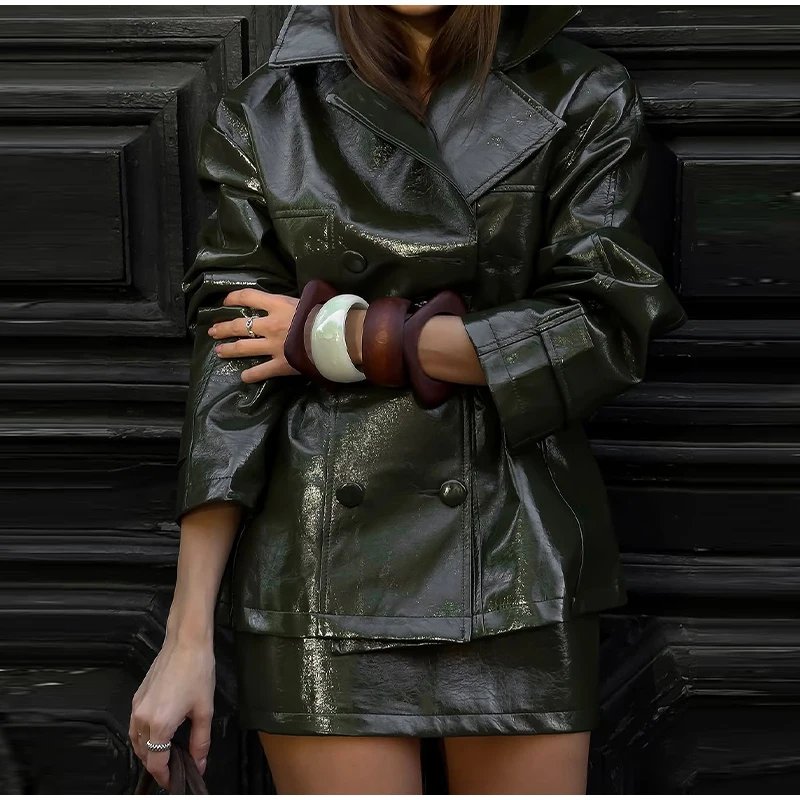 Solid PU Leather Women's Jacket Mini Skirt Set Lapel Neck Full Sleeve Double Breasted Coat Suit 2025 Autumn Stylish Edgy Outfit
