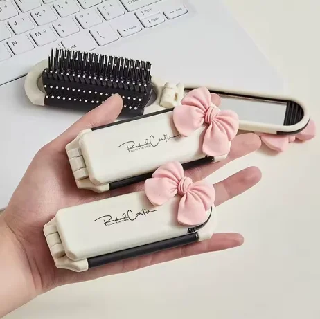 Cute Pink Bow Foldable Hair Brush With Mirror Mini Portable Travel Airbag Comb Pocket Size Anti-static Massage Hair Comb Girls Ladies Daily Hair Styling Tool