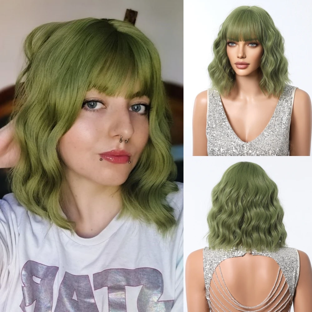 

Short Synthetic Green Curly Wave Bob with Bangs for Women Daily Cosplay Party Heat Resistant Wigs