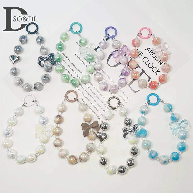 Colorful Lanyard Bow Heart Beaded Bracelet Round Square Beads Phone Charms Mobile Phone Wrist Strap Acrylic Anti-Lost Chains