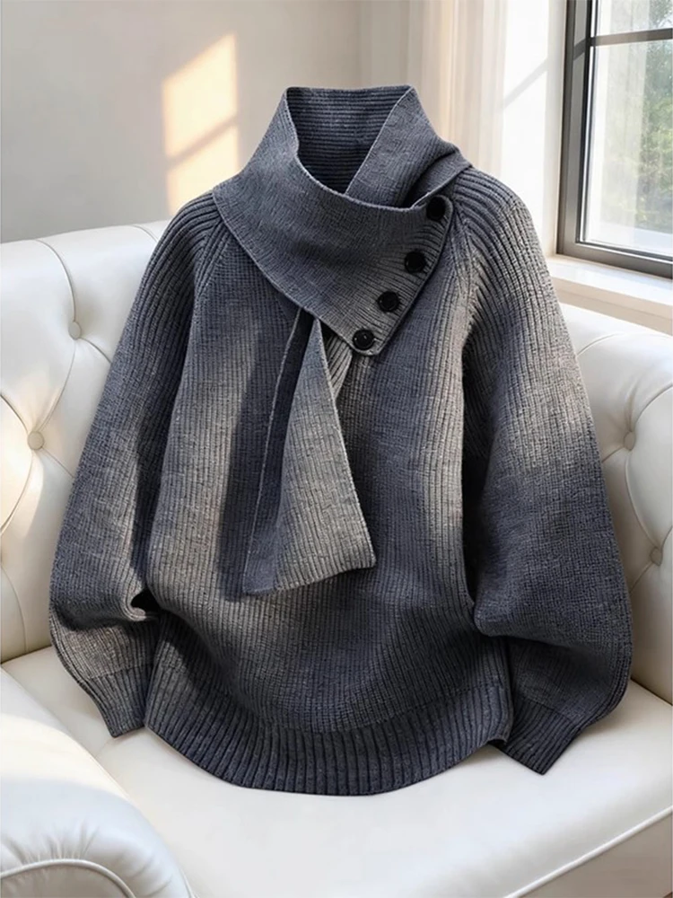 

Мужской свитер с высоким воротником и встроенным шарфом, осенне-зимний, свободного кроя, асимметричный вязаный дизайн, повседневный топ с длинными рукавами