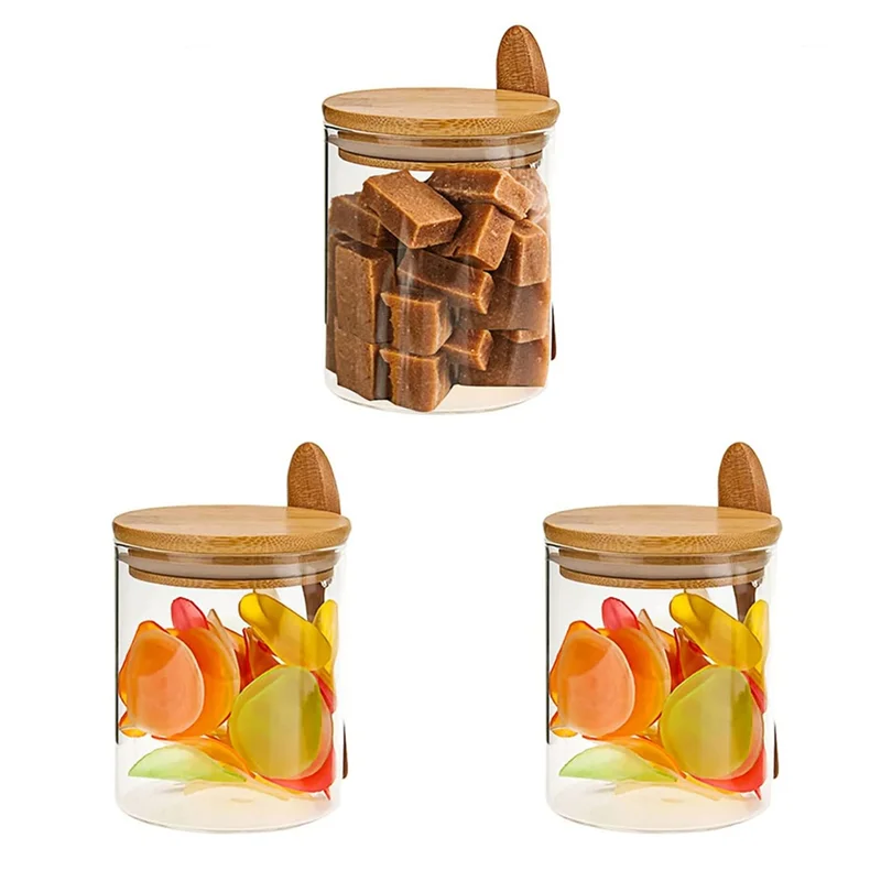 Glass Jars with Bamboo Lids and Spoon, 17OZ Glass Sugar Container with Wooden Lids and Scoop, Coffee Tea Jars