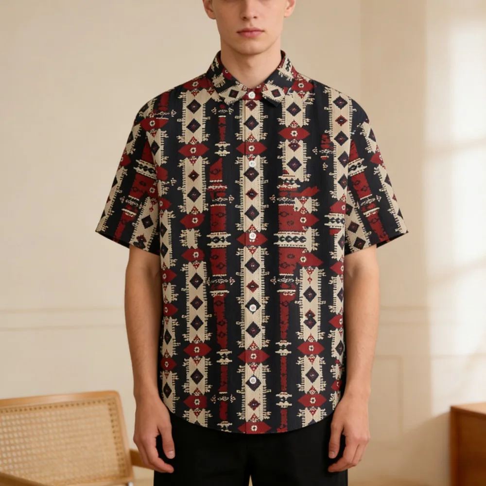 Bohemian Short Sleeve Shirt Colorful Geometric Pattern Loose Fit Button Down Casual Retro Top for Summer, Festival, Vacation
