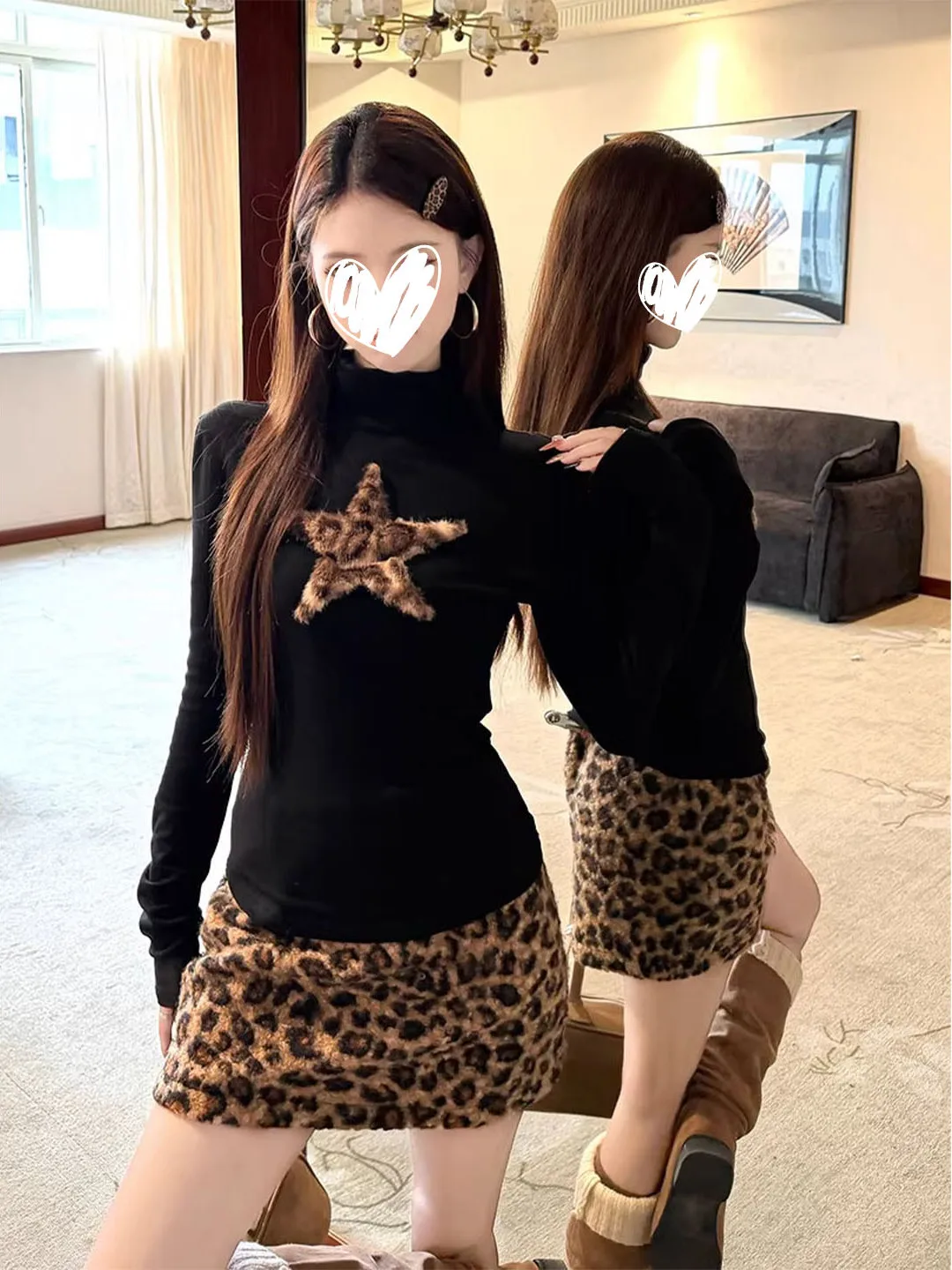 

Ретро-американский комплект из двух предметов: футболка с леопардовым принтом и длинным рукавом, женская, весна 2026, новый стиль, с дизайном в виде звезд и высокой талией