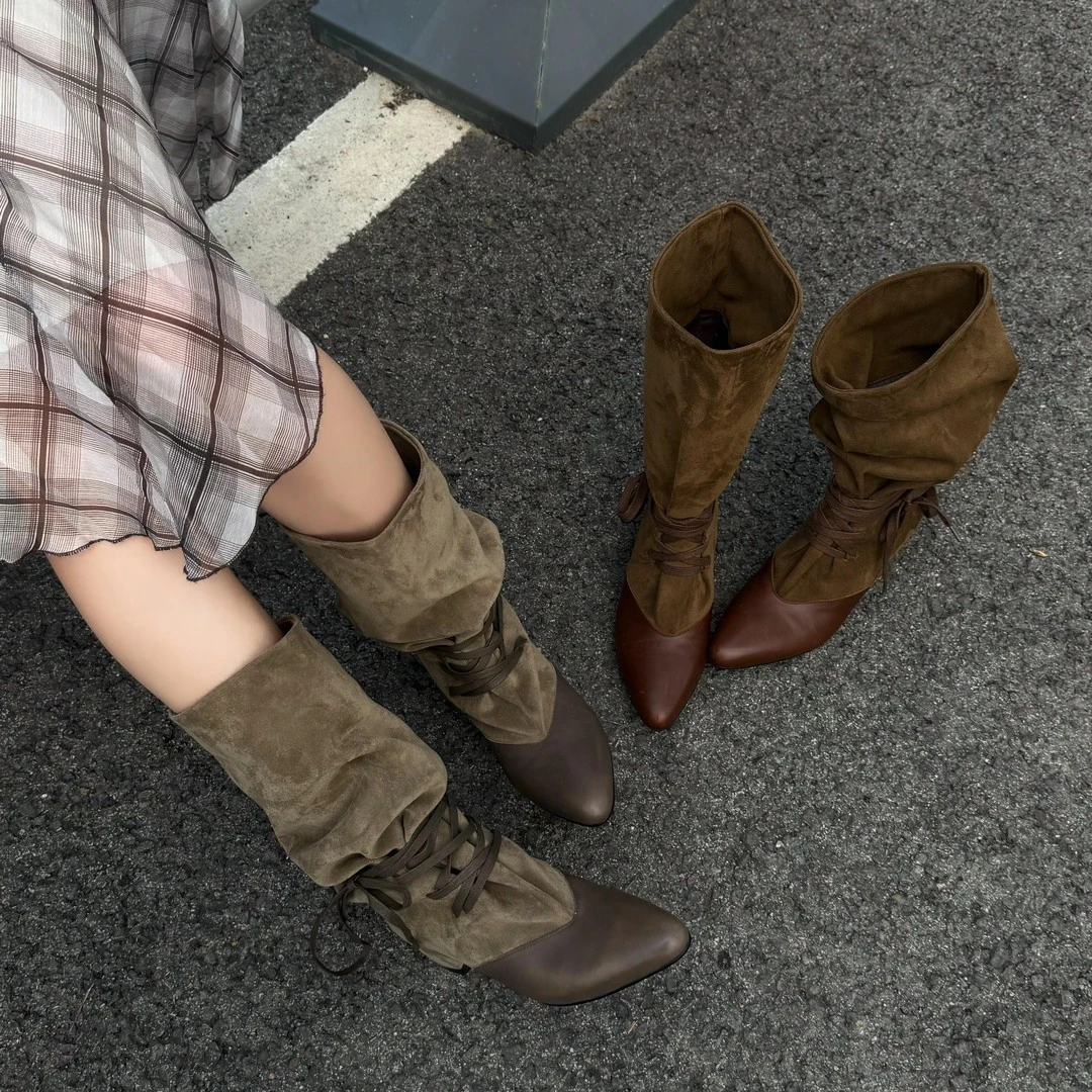 

Vintage Spliced Stacked Mid Calf Boots Women Pointed Toe Lace Up Fold Over Slouchy Cowboy Boots Retro Suede Casual Outdoor Daily