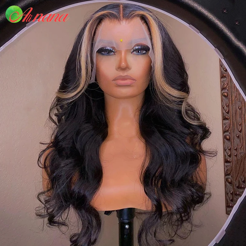 Peluca de cabello humano ondulado con encaje frontal transparente para mujeres negras, color negro con Rubio, 13x4, 5x5