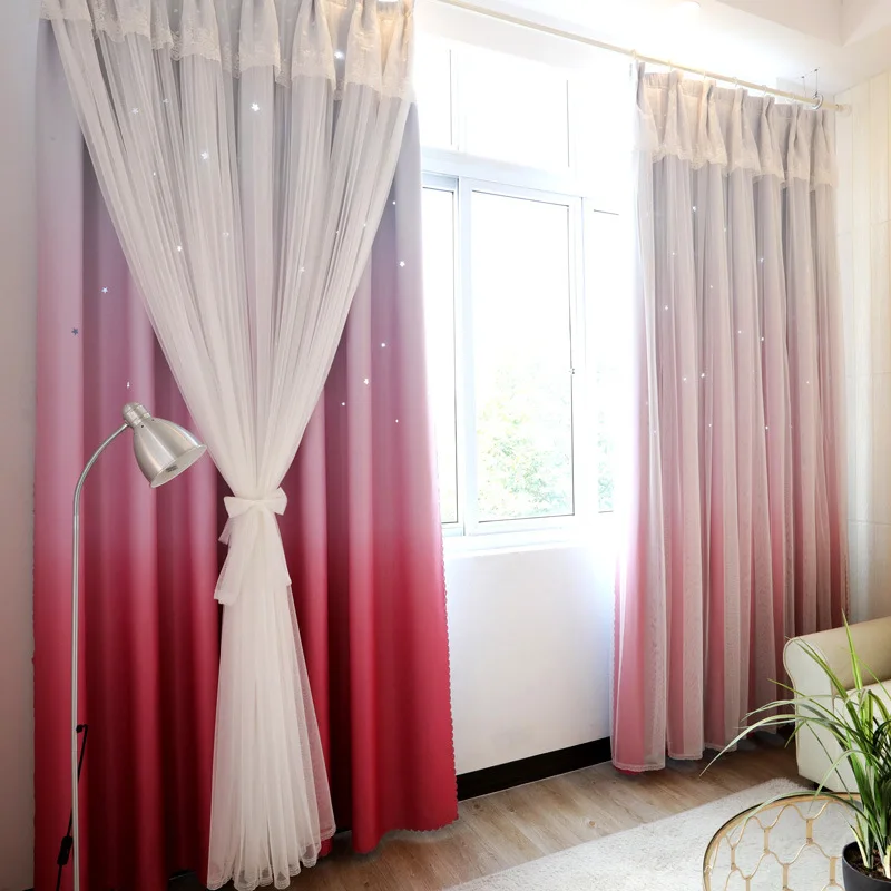 Korean Internet Celebrity Hollow Star Curtain Princess Style Gradient Color Double Layer Blackout Dreamy White Tulle Fashion