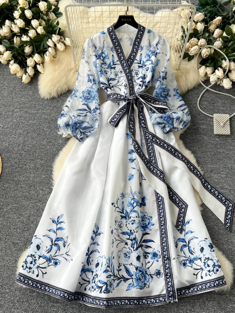 Women Vintage Printed Dress Spring Autumn Sexy V-neck Print High Waist Tied Bandage Long Dresses Ladies Elegant Party Long Robe